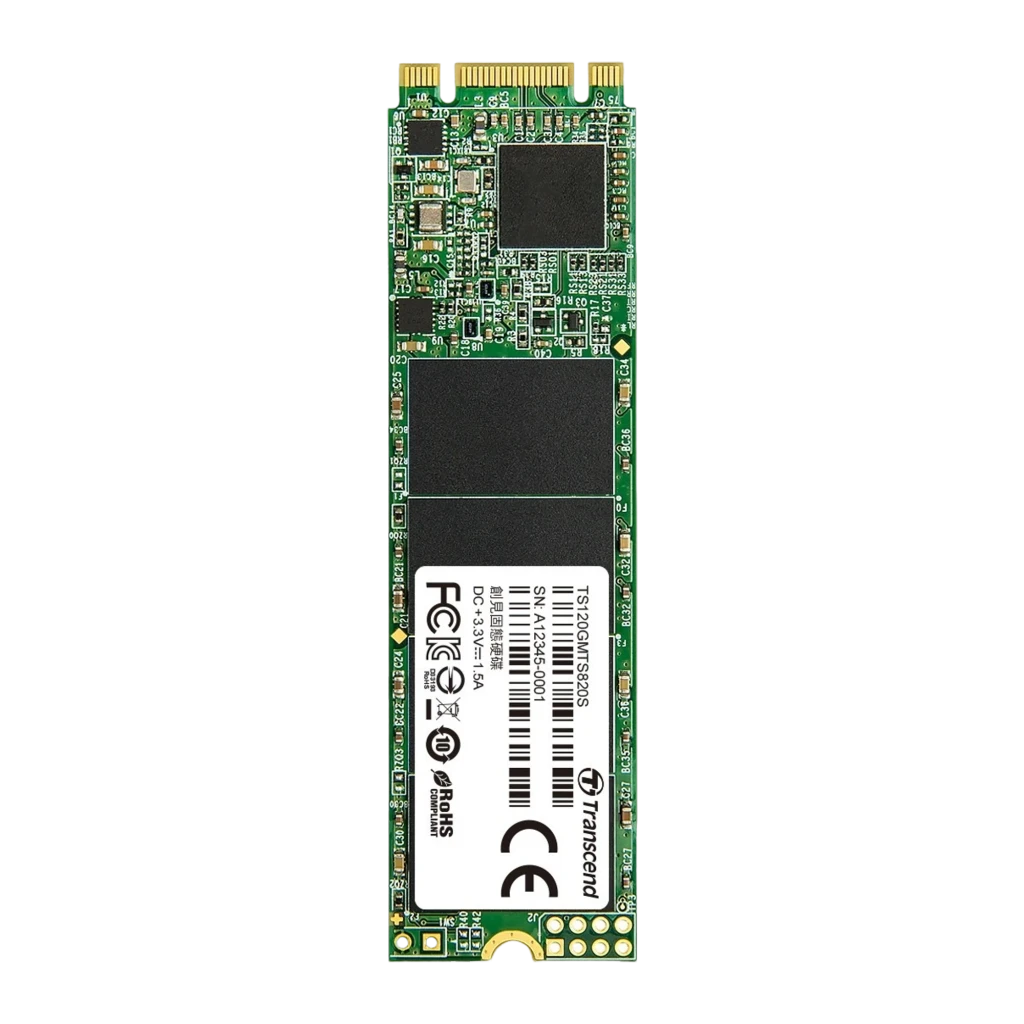 Transcend MTS820 120GB M.2, vista frontal horizontal: PCB verde con etiqueta, chips negros y conector dorado - Ítem3