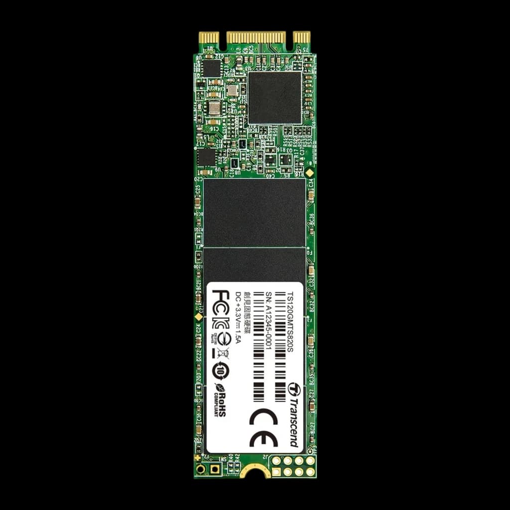 Transcend MTS820 120GB M.2, vista frontal vertical: PCB verde com três chips pretos, etiqueta inferior e conector dourado