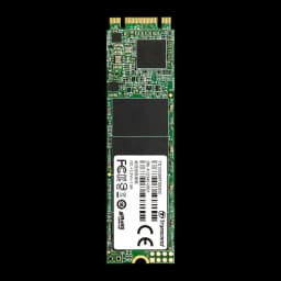 Transcend MTS820 120GB M.2, vista frontal vertical: PCB verde com três chips pretos, etiqueta inferior e conector dourado