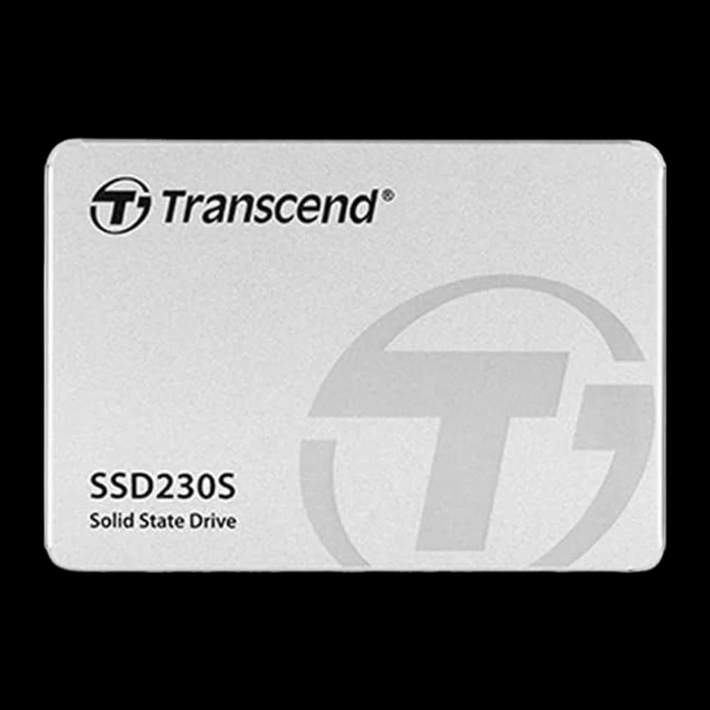 Transcend SSD230S 128GB prateado, vista frontal: caixa de alumínio com logótipo e modelo gravados
