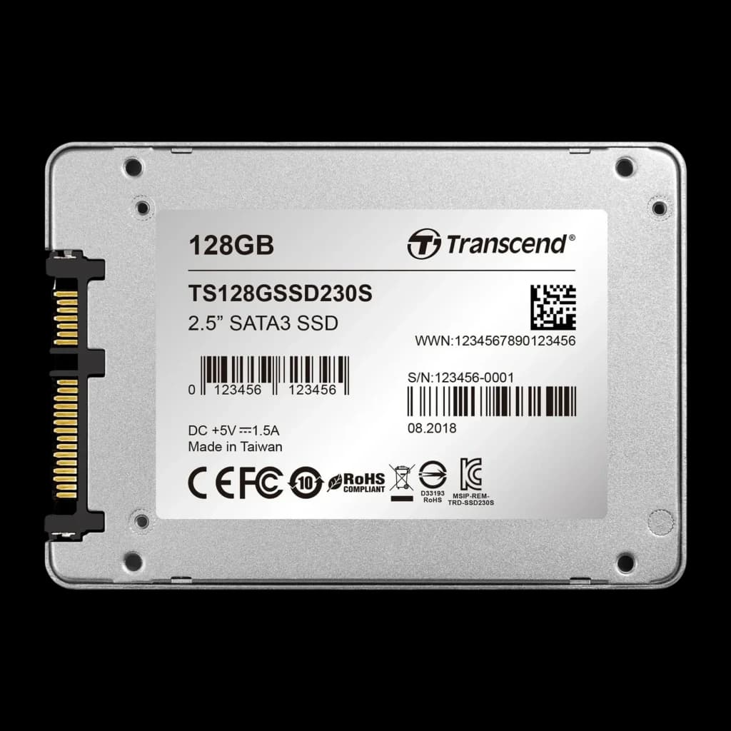 Transcend SSD230S 128GB prateado, vista traseira: etiqueta com especificações e conector SATA3 visível