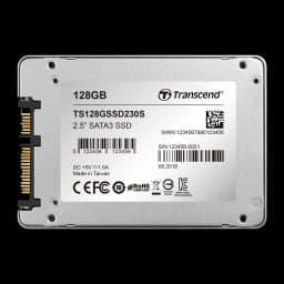 Transcend SSD230S 128GB prateado, vista traseira: etiqueta com especificações e conector SATA3 visível