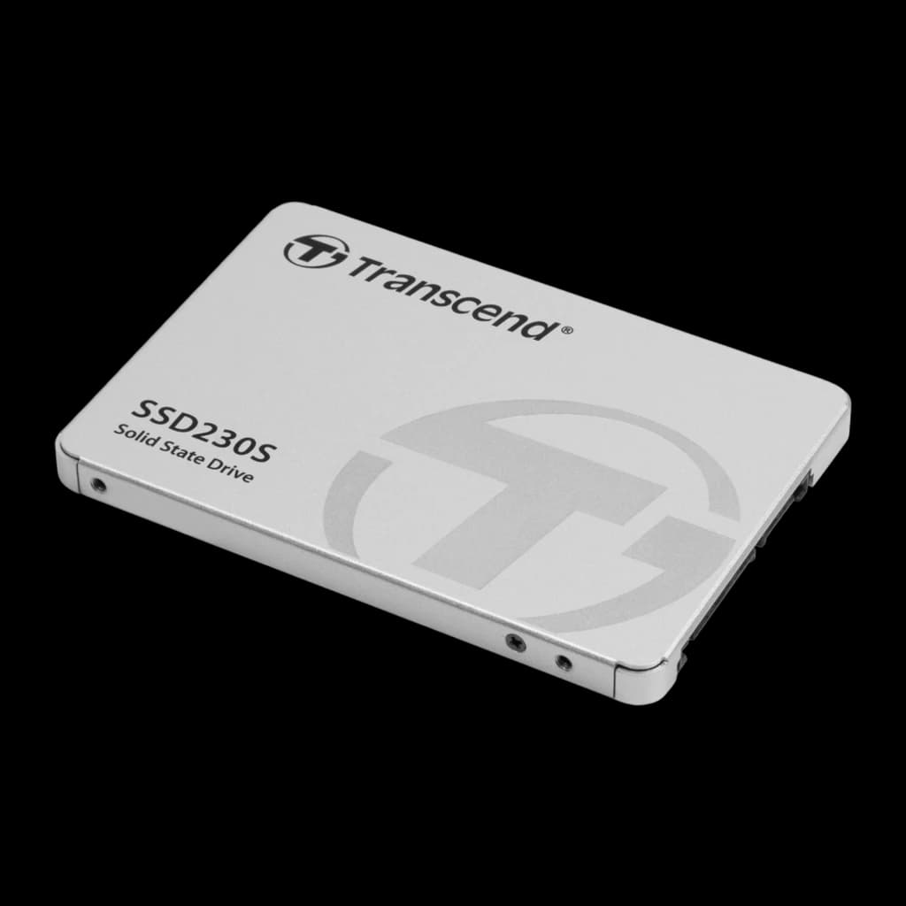 Transcend SSD230S 128GB prateado, vista em perspetiva: ângulo superior esquerdo mostrando espessura e lateral