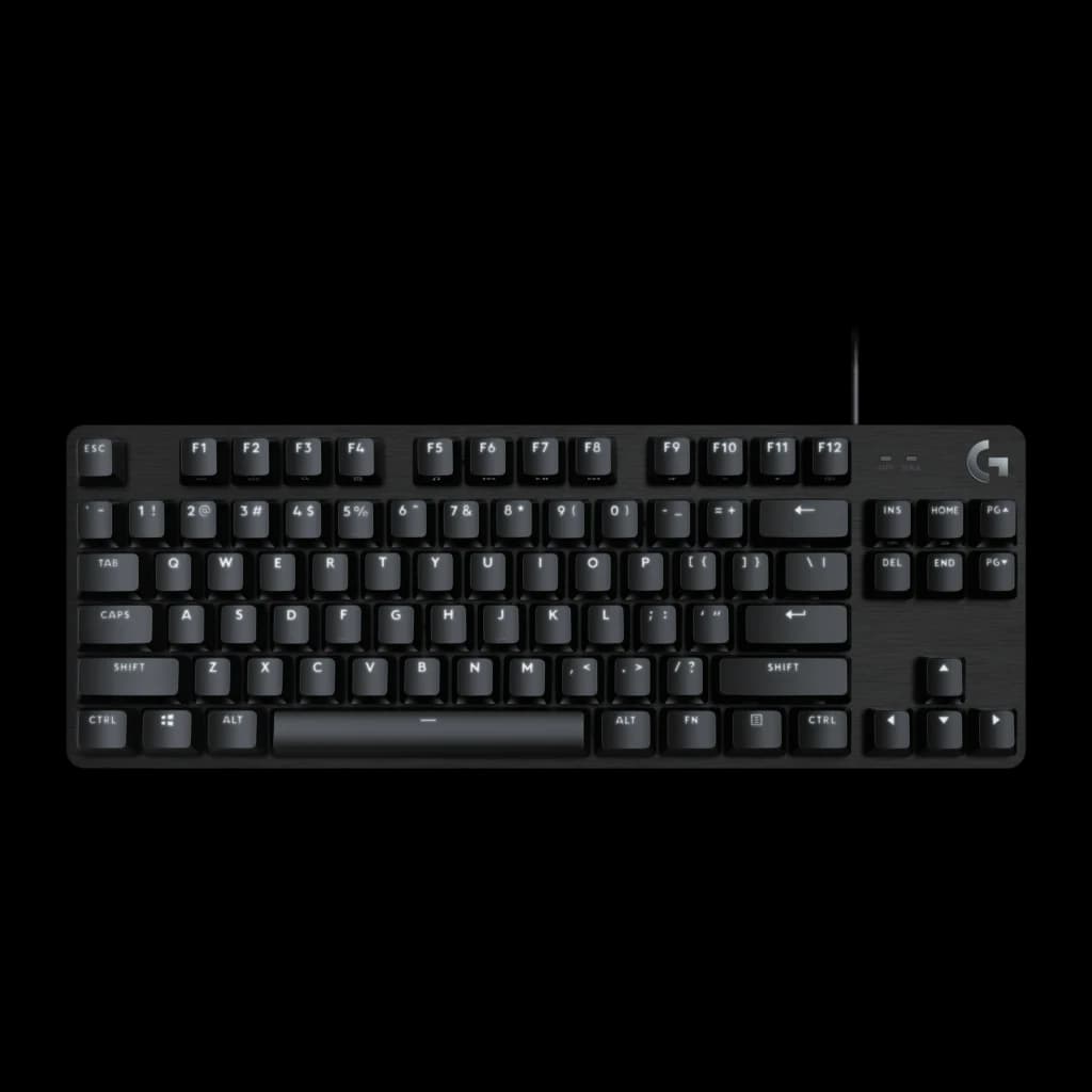 Logitech Teclado G413 TKL SE Negro, vista superior: disposición inglesa con teclas mecánicas y chasis de aluminio cepillado