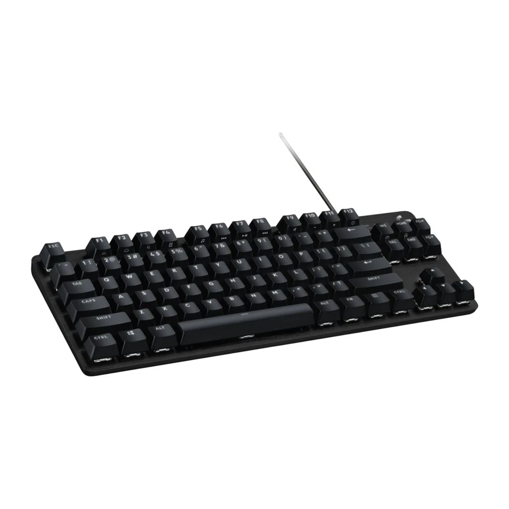 Logitech Teclado G413 TKL SE Preto, vista em perspectiva: ângulo frontal esquerdo mostrando perfil baixo e cabo USB