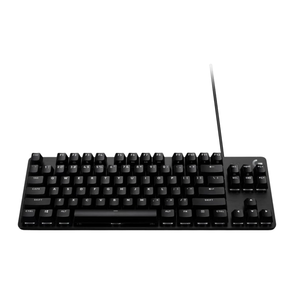 Logitech Teclado G413 TKL SE Preto, vista frontal levemente elevada: altura das teclas e cabo USB visível no canto direito