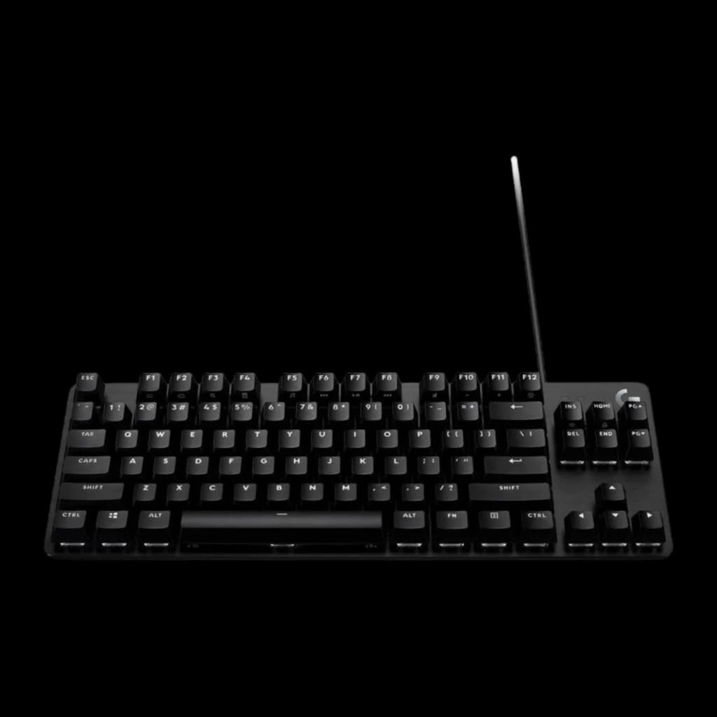 Logitech Teclado G413 TKL SE Negro, vista frontal ligeramente elevada: altura de teclas y cable USB visible en esquina