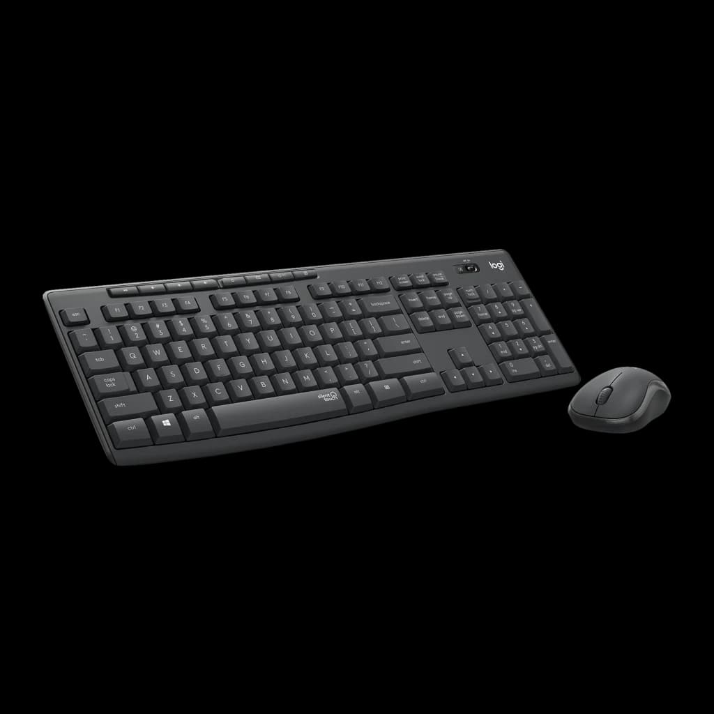 Logitech Teclado e rato MK295 Silent Grafite, vista em ângulo: perspetiva lateral mostrando o perfil do teclado e rato