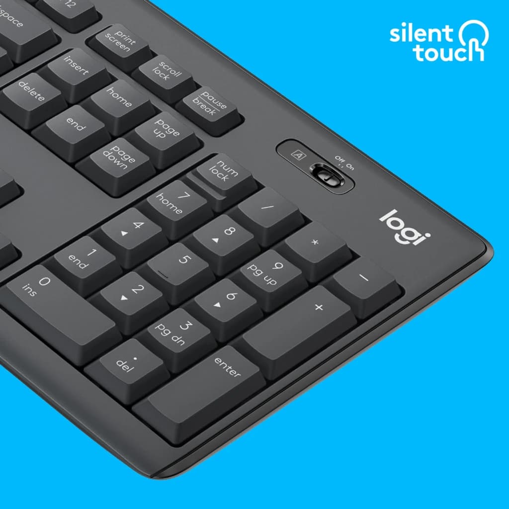 Logitech MK295 Silent Grafite, detalhe teclado: teclado numérico e receptor USB nano visíveis, logo Logi