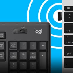 Logitech Teclado e rato MK295 Silent Grafite, detalhe: teclado numérico e interruptor On/Off com recetor USB em fundo azul