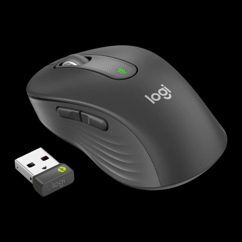 Logitech Rato Signature M650 for Business Grafite, kit com recetor USB Bolt: vista frontal esquerda com botões laterais