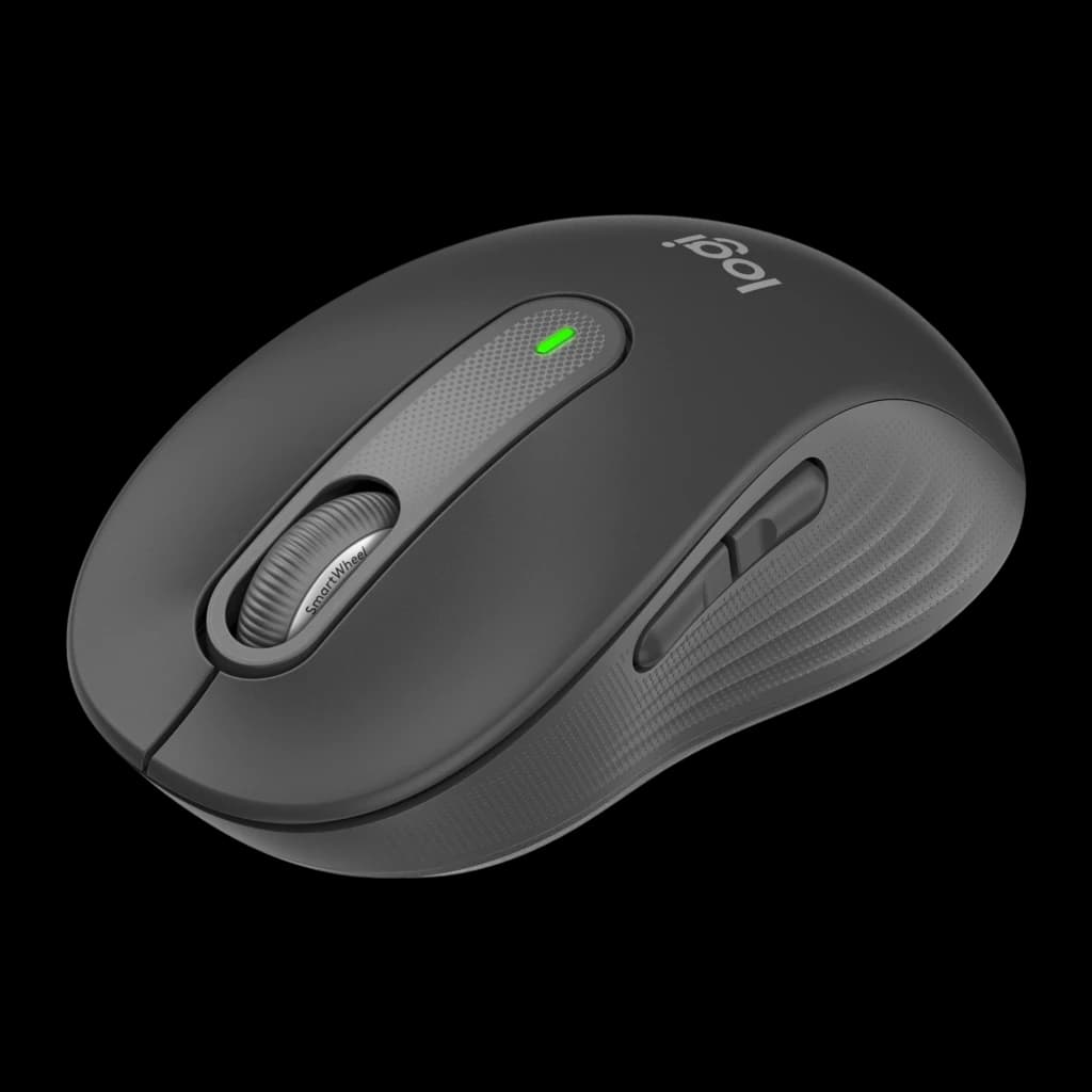 Logitech Rato Signature M650 for Business Grafite, perspetiva lateral esquerda: roda SmartWheel e botões laterais visíveis
