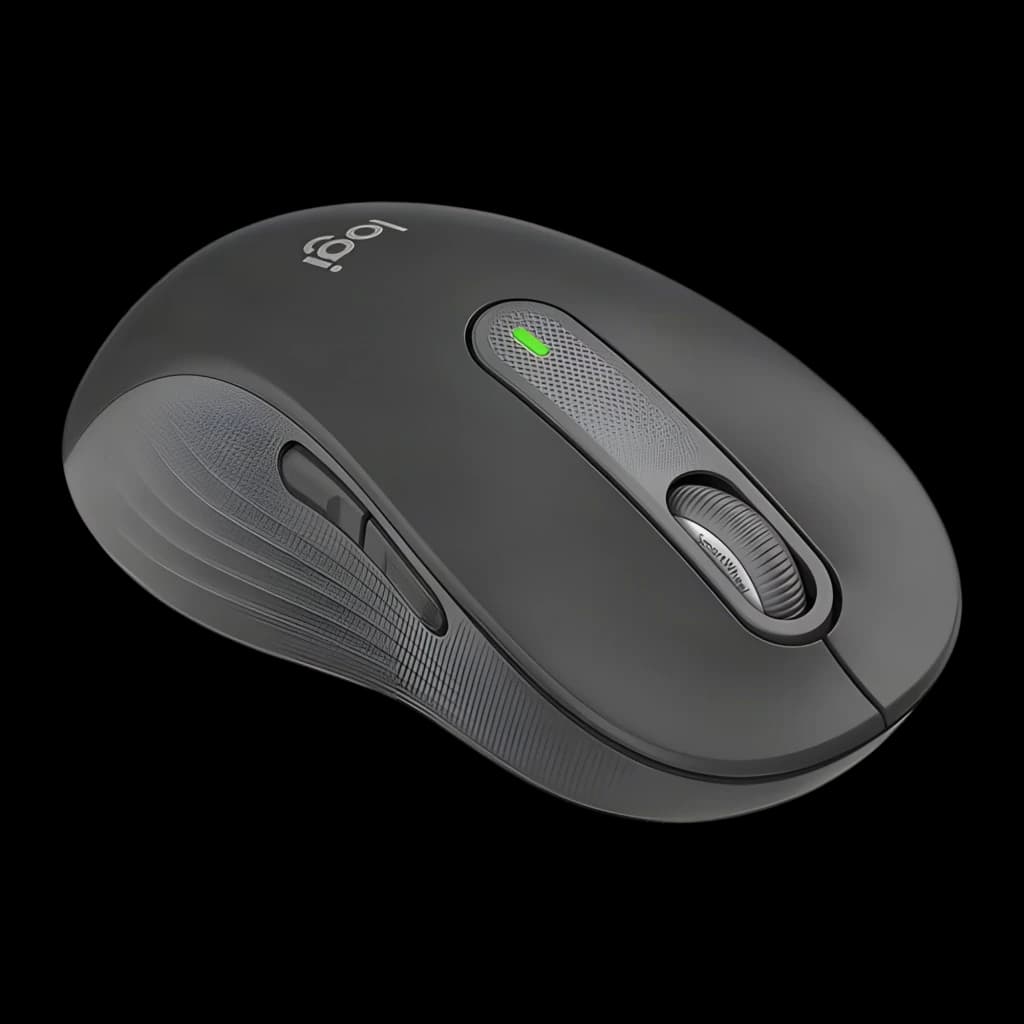 Logitech Rato Signature M650 for Business Grafite, vista lateral: roda SmartWheel, botão lateral e logótipo logi visíveis