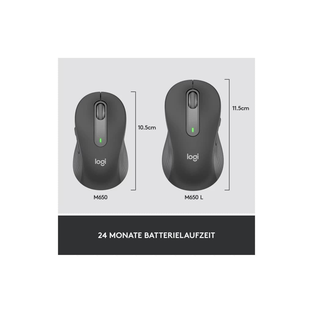 Logitech Rato Signature M650 for Business Grafite, comparação de tamanhos: M650 (10,5 cm) e M650 L (11,5 cm) em cinzento