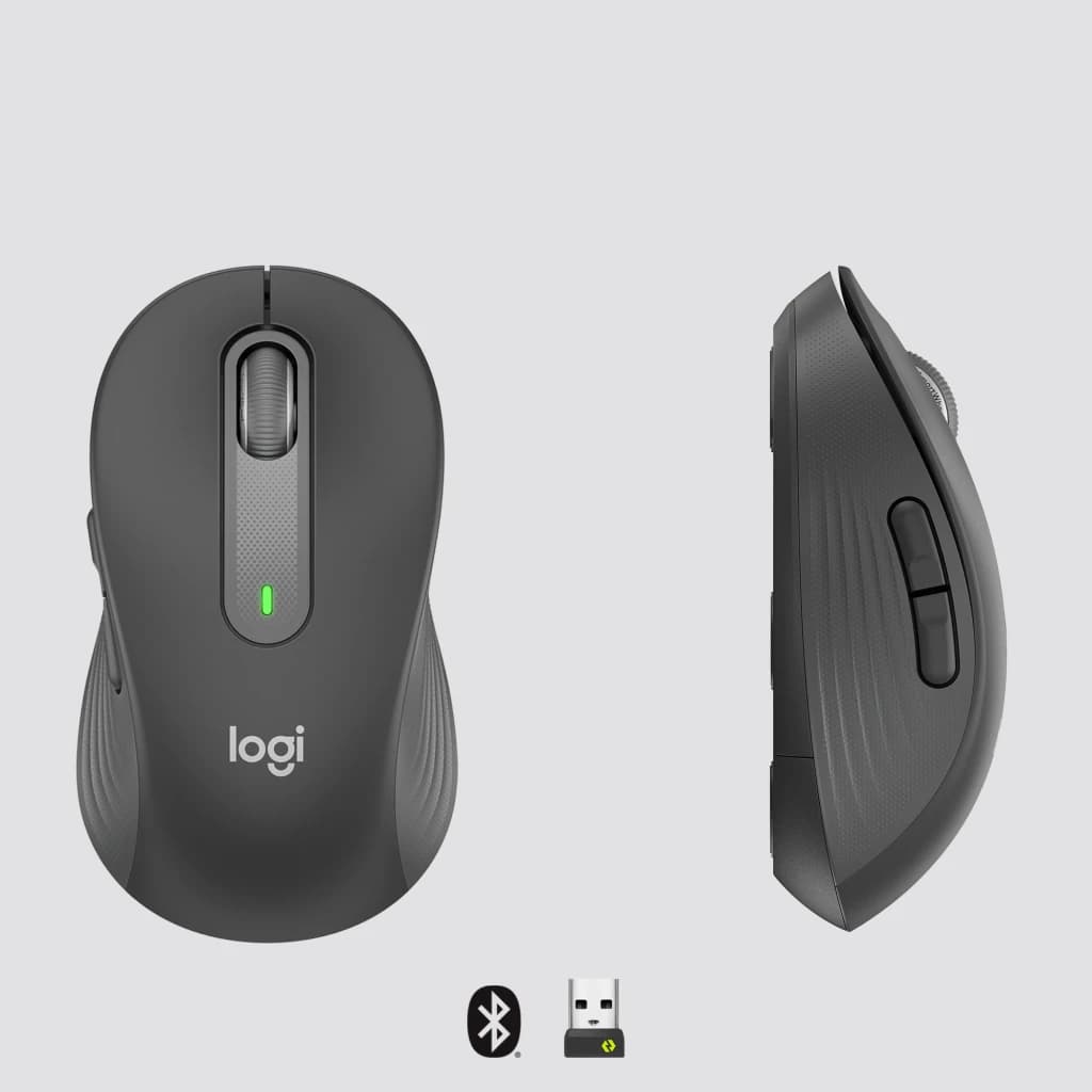 Logitech Signature M650 for Business grafite, vista superior e lateral: roda, botões laterais, receptor USB e Bluetooth