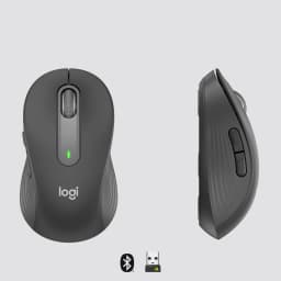 Logitech Signature M650 for Business grafite, vista superior e lateral: roda, botões laterais, receptor USB e Bluetooth
