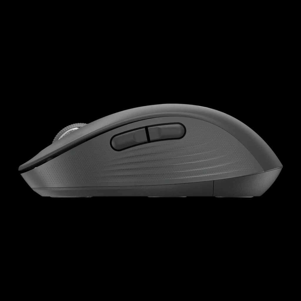 Logitech Rato Signature M650 for Business Grafite, vista lateral: botões laterais e textura ondulada em cinzento