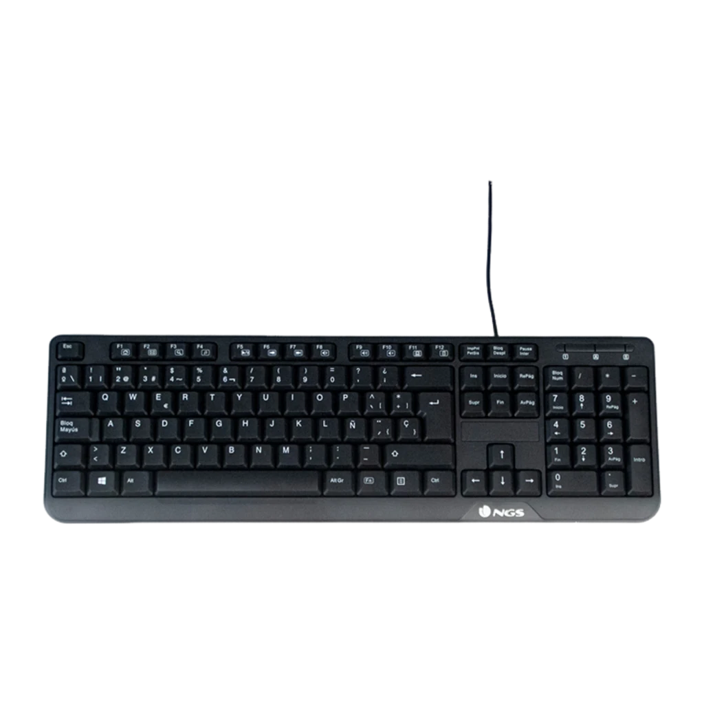NGS Clavier Funky V4 Portugais Noir, vue de dessus en scène sombre: touches avec sérigraphie blanche et logo NGS