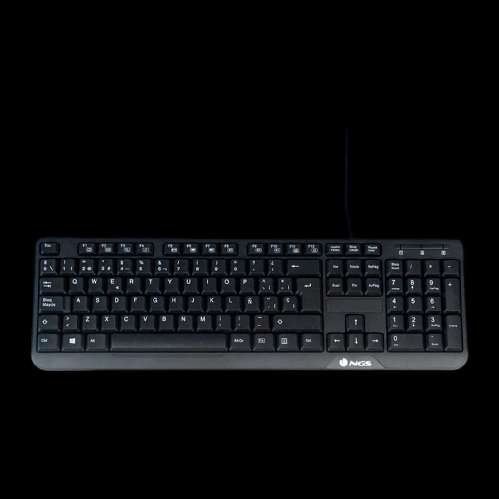 NGS Clavier Funky V4 Portugais Noir, vue de dessus en scène sombre: touches avec sérigraphie blanche et logo NGS