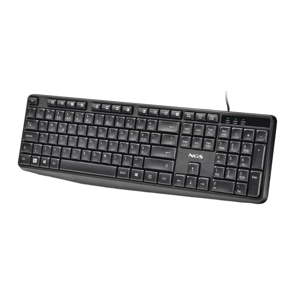 NGS Clavier Funky V4 Portugais Noir, vue en perspective: angle diagonal montrant le profil et le câble USB côté droit