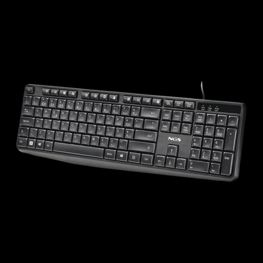 NGS Clavier Funky V4 Portugais Noir, vue en perspective: angle diagonal montrant le profil et le câble USB côté droit