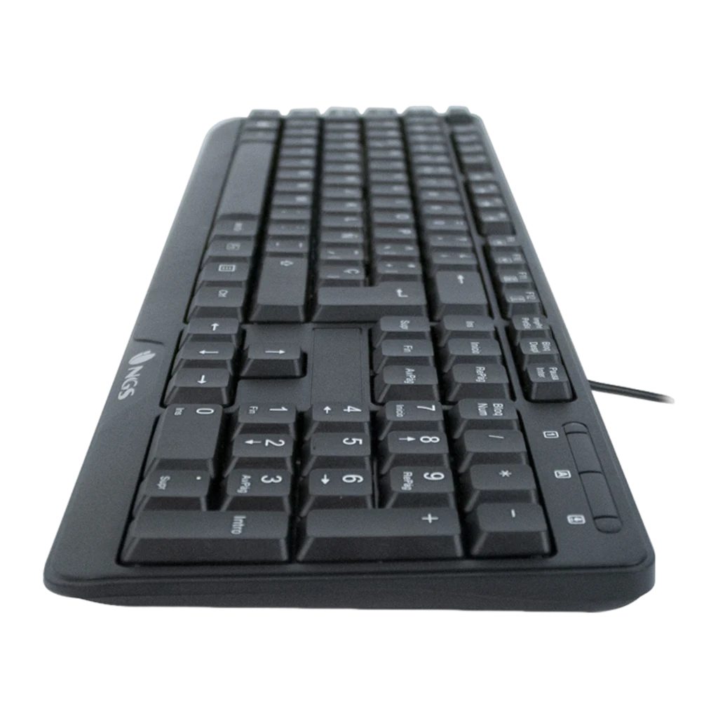 NGS Clavier Funky V4 Portugais Noir, vue latérale avant: faible profil des touches, hauteur des keycaps et câble USB visible