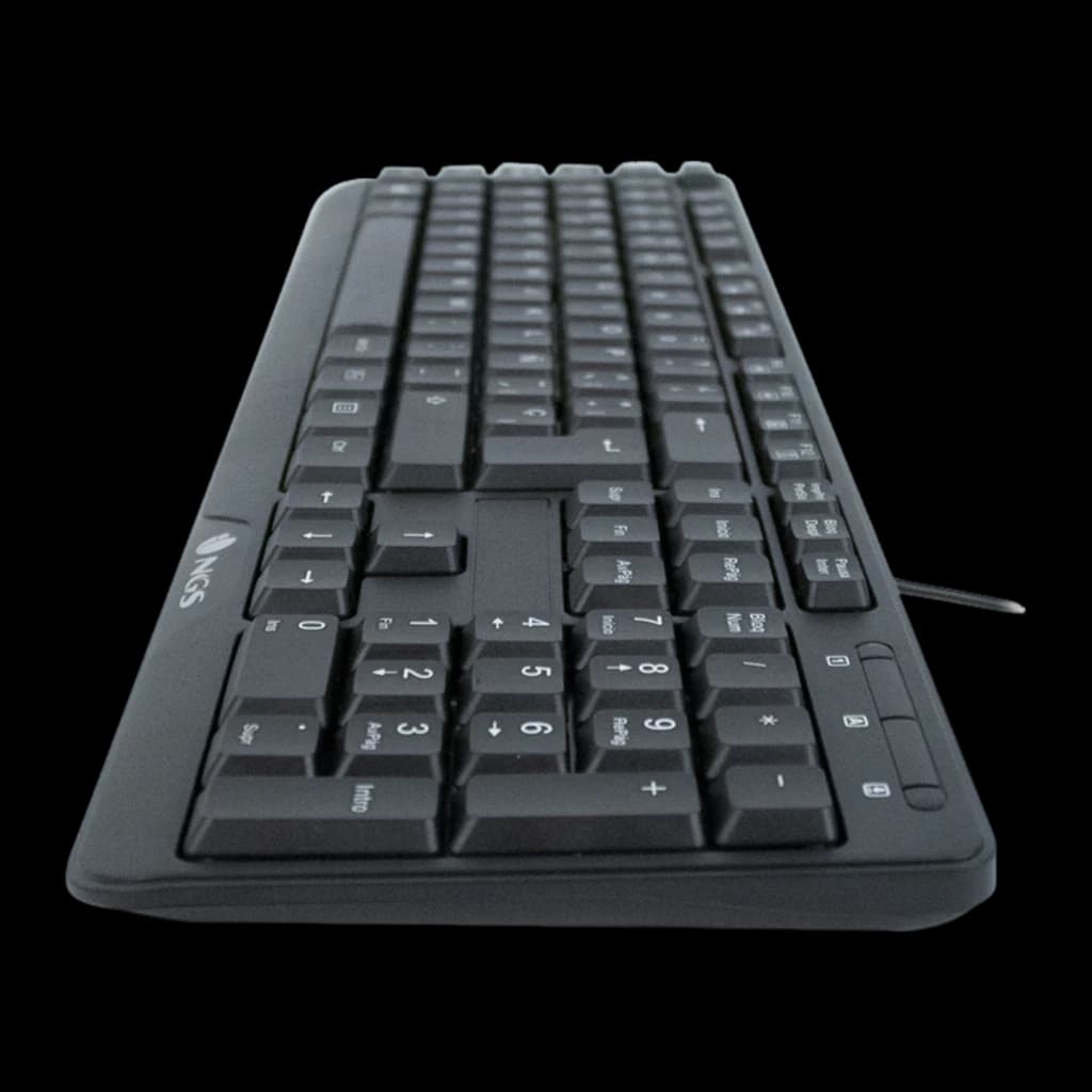 NGS Clavier Funky V4 Portugais Noir, vue latérale avant: faible profil des touches, hauteur des keycaps et câble USB visible