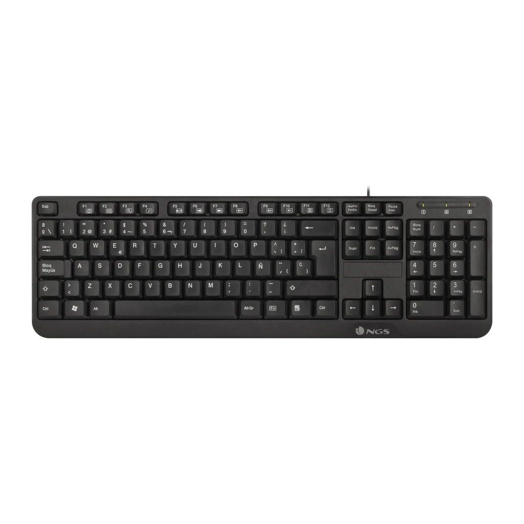 NGS Clavier Funky V4 Portugais Noir, vue de dessus: disposition complète des touches et pavé numérique avec logo NGS centré