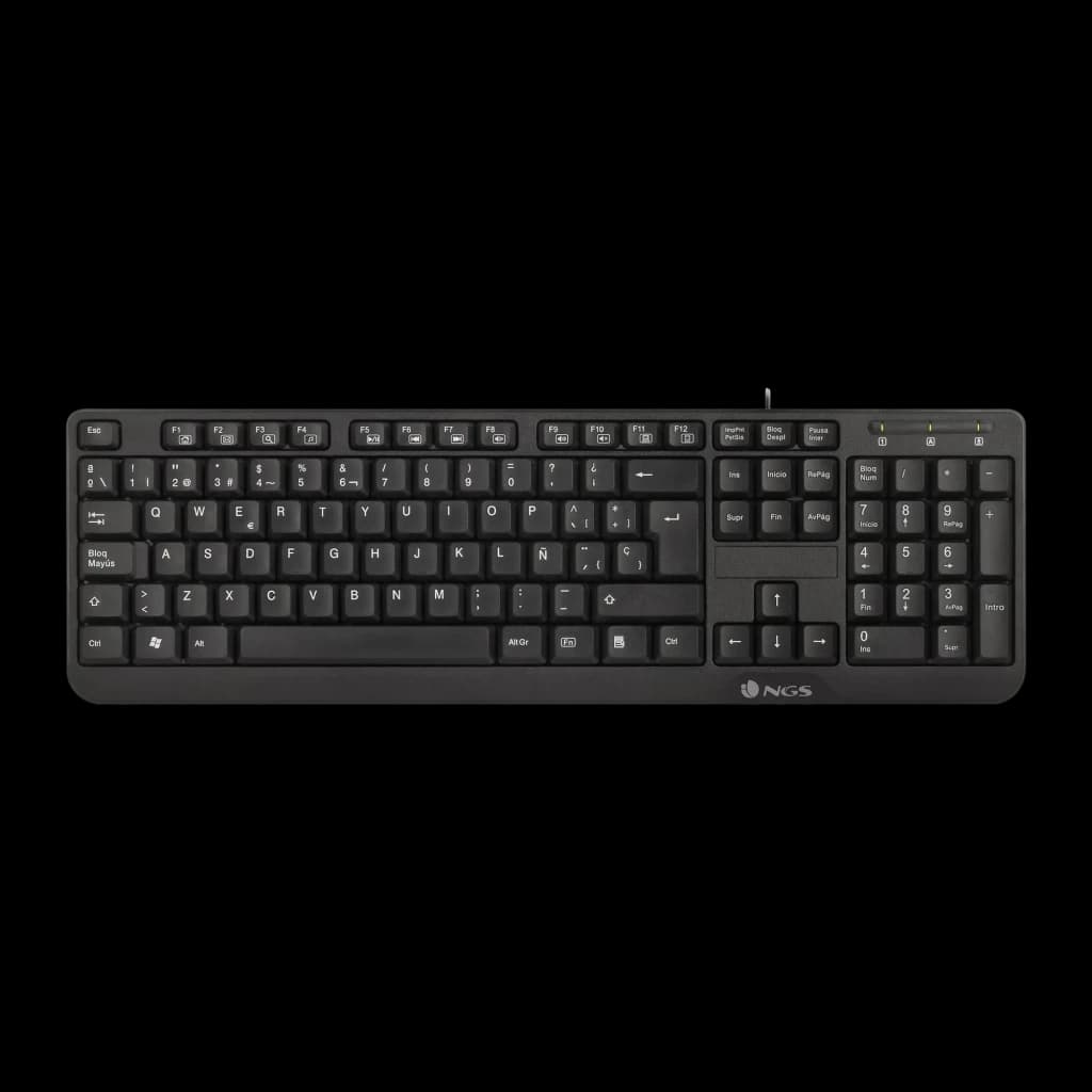 NGS Clavier Funky V4 Portugais Noir, vue de dessus: disposition complète des touches et pavé numérique avec logo NGS centré