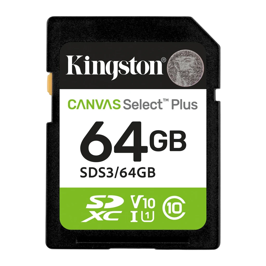 Kingston Canvas Select Plus SDXC 64GB noir, vue de face: étiquette blanche et verte avec logo, 64GB, classe V10 U1