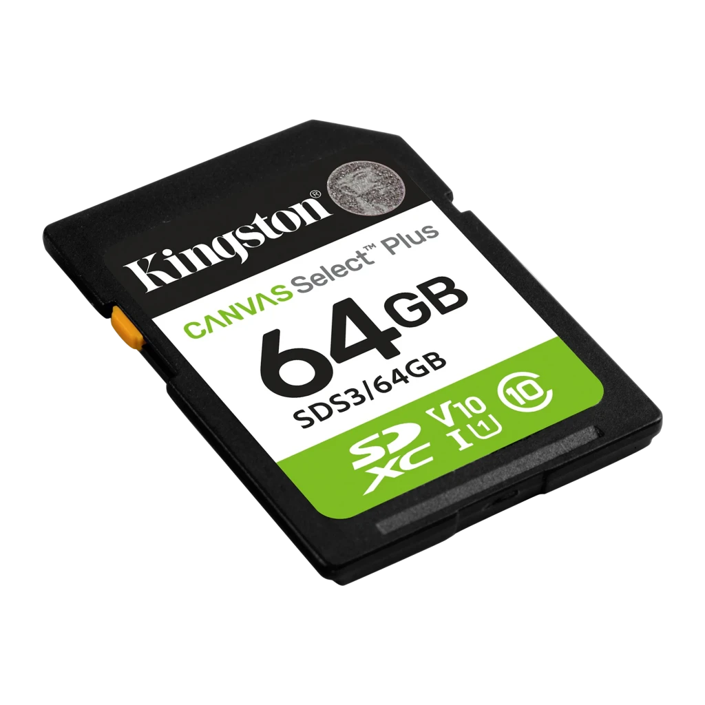 Kingston Canvas Select Plus SDXC 64GB noir, vue en angle: face avant et côté gauche avec languette orange visible