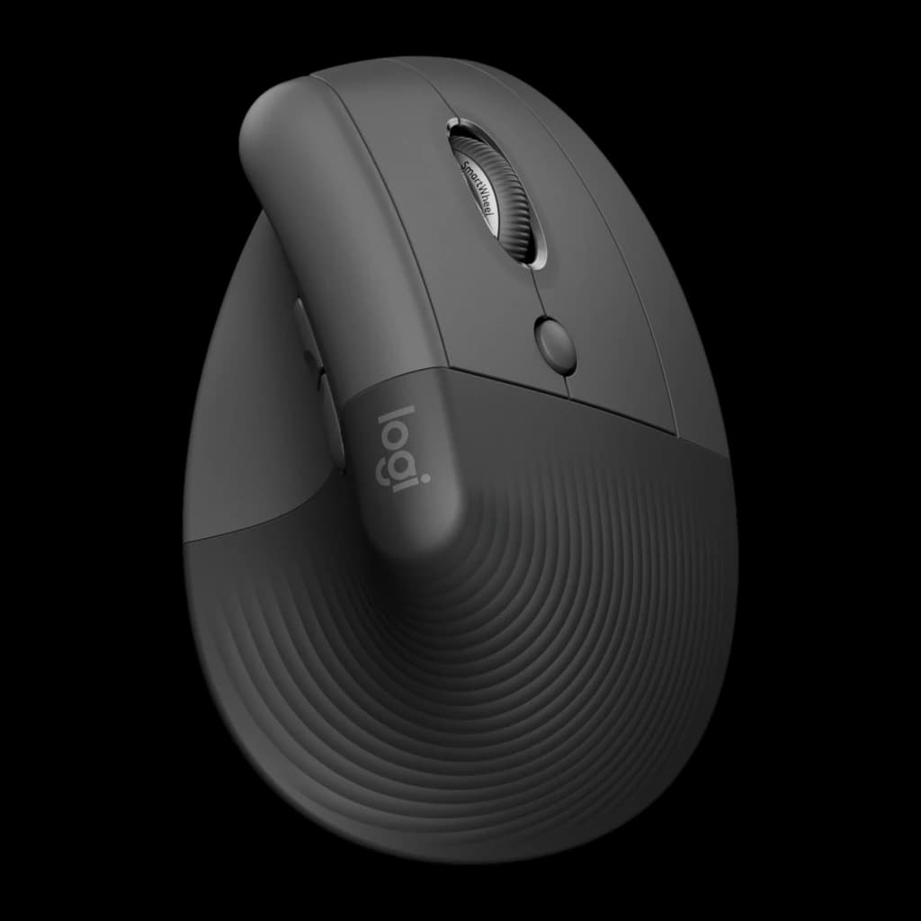 Logitech Lift for Business Grafito, vista frontal en ángulo: diseño ergonómico vertical, rueda SmartWheel y textura