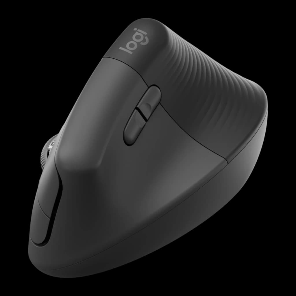 Logitech Lift for Business grafito, vista lateral derecha: forma ergonómica vertical, botones laterales y rueda texturizada