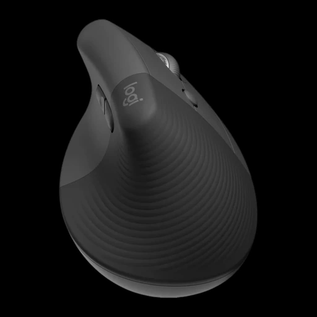 Logitech Lift for Business Grafito, vista superior: textura acanalada lateral, rueda de desplazamiento y logo Logi visibles