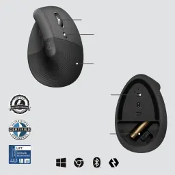 Logitech Ratón Lift for Business Grafito, vista superior y base: rueda, botones y compartimento de batería