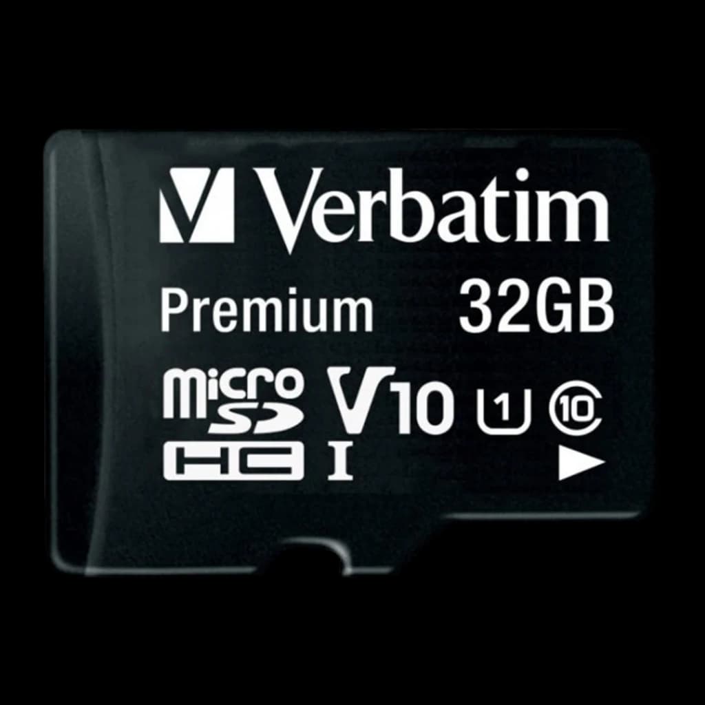 Verbatim Premium microSDHC 32GB negra, vista frontal: cara superior con logo, indicadores V10, UHS-I y Class 10