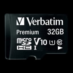 Verbatim Premium microSDHC 32GB negra, vista frontal: cara superior con logo, indicadores V10, UHS-I y Class 10