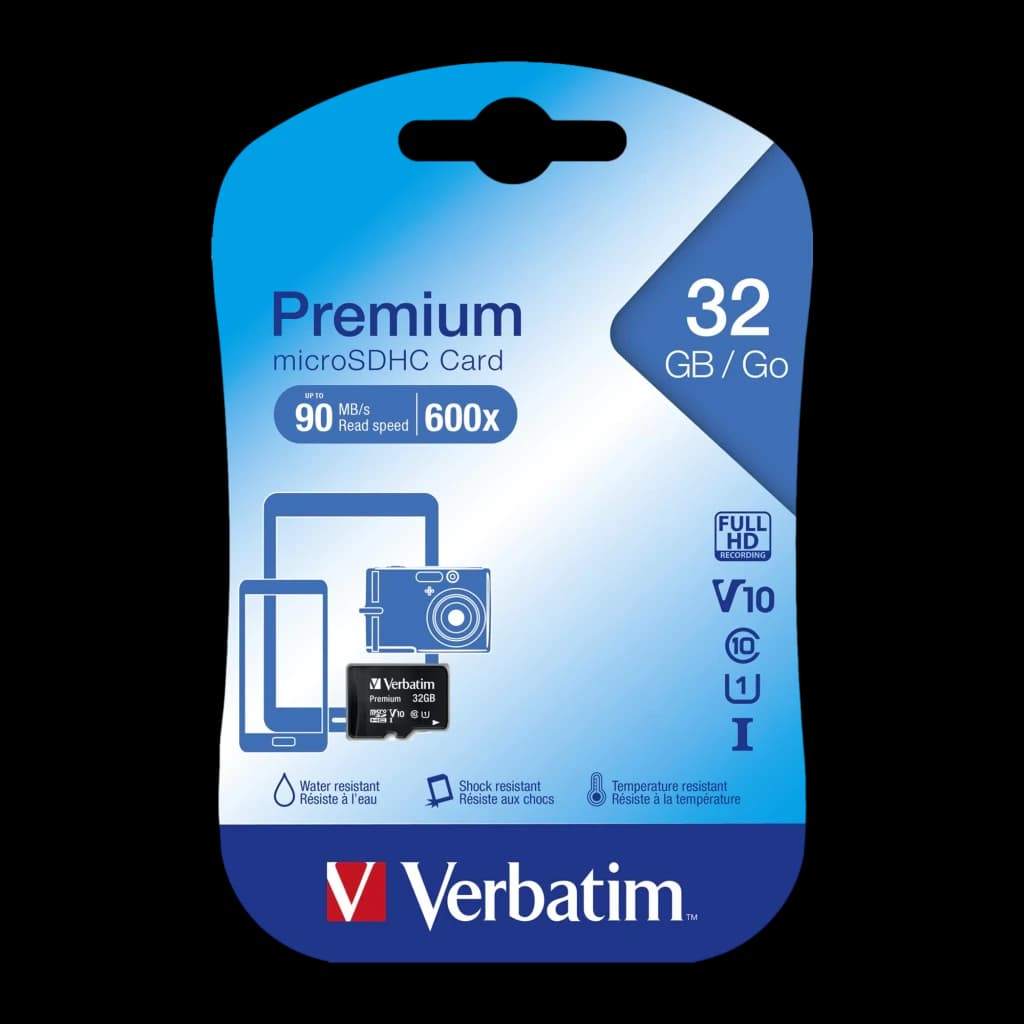 Verbatim Premium microSDHC 32GB negra, packaging: blíster azul con velocidad 90 MB/s, iconos Full HD y resistencias