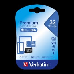 Verbatim Premium microSDHC 32GB negra, packaging: blíster azul con velocidad 90 MB/s, iconos Full HD y resistencias