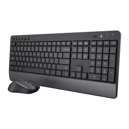 Trust Trezo Comfort noir, vue de face en angle: clavier complet avec repose-poignet et souris sans fil à gauche