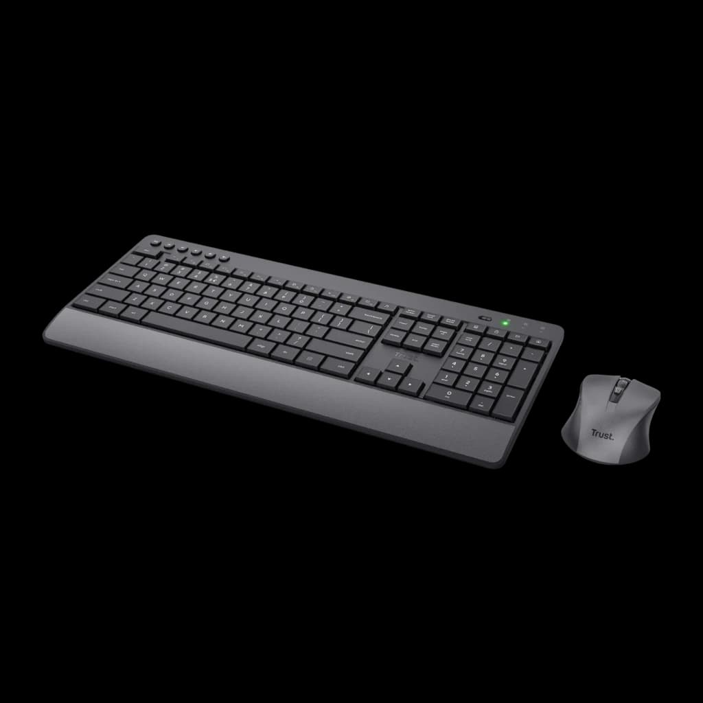 Trust Kit clavier et souris sans fil Trezo Comfort noir, vue en perspective: clavier avec repose-poignet et souris compacte