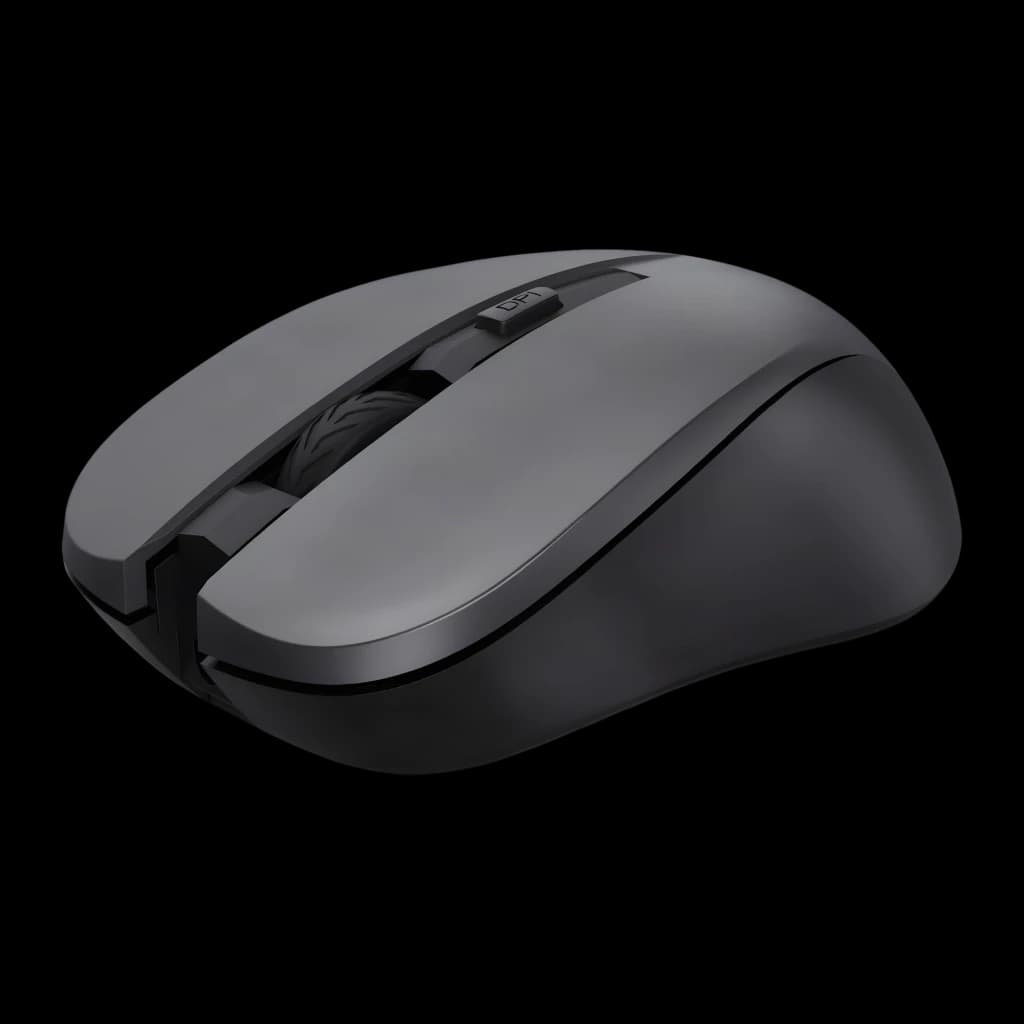Trust Kit clavier souris sans fil Trezo Comfort noir, vue latérale: souris grise avec bouton DPI et molette texturée