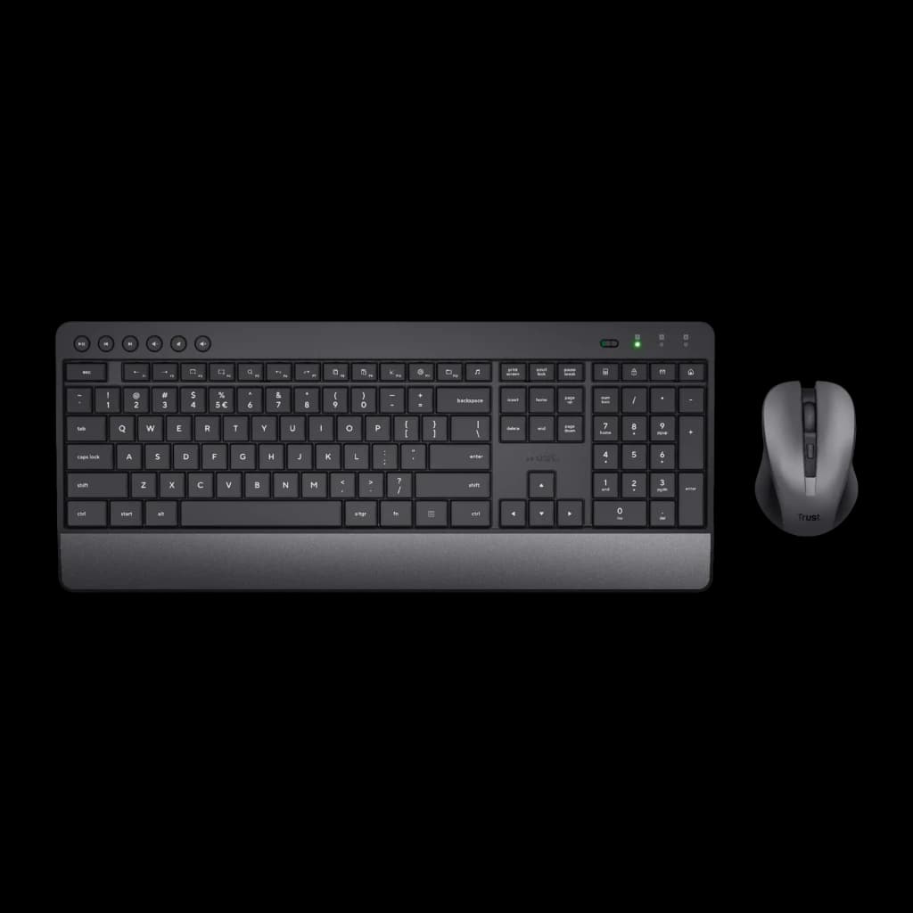 Trust Trezo Comfort kit clavier et souris sans fil noir, vue de dessus: clavier complet avec repose-poignet et souris à