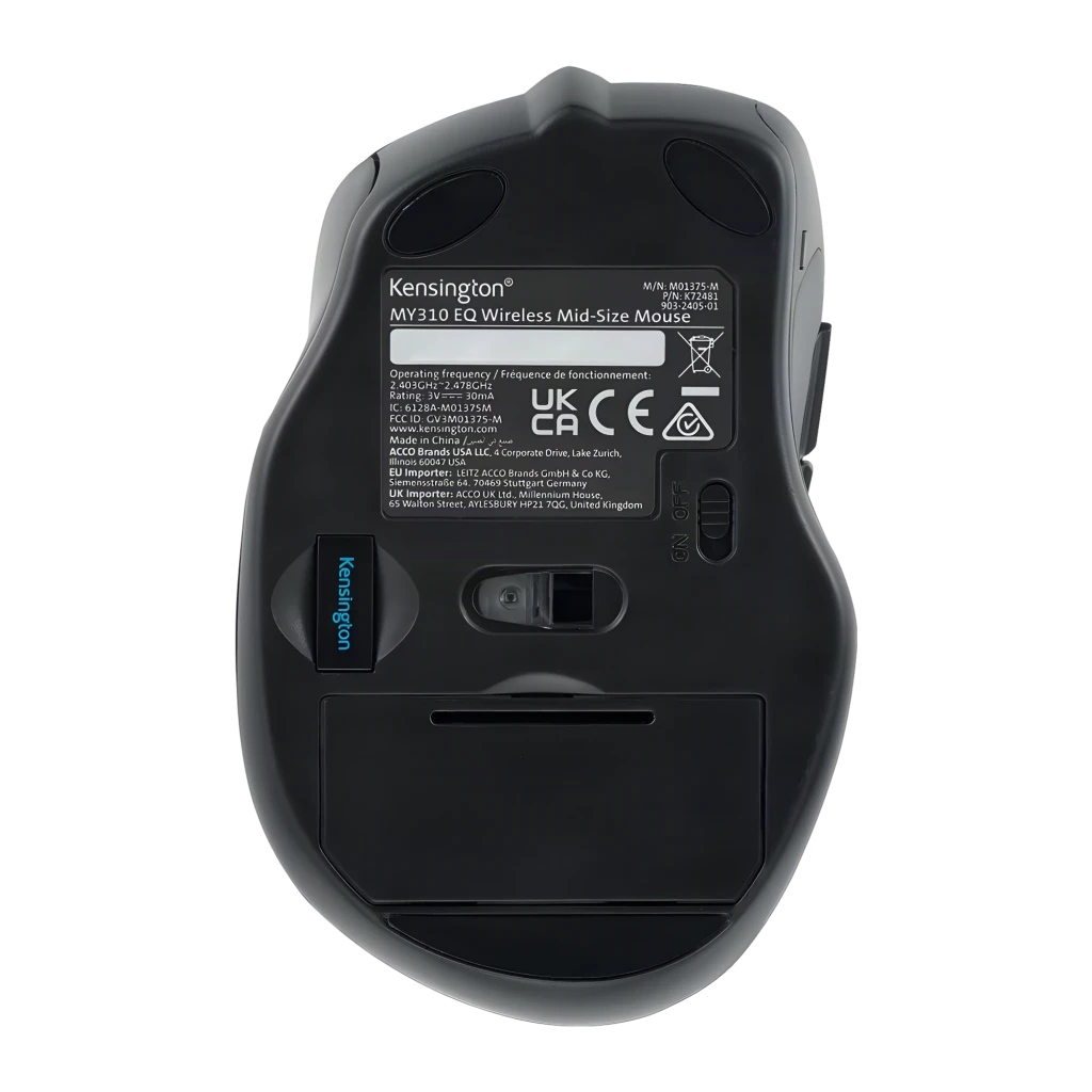 Kensington Ratón inalámbrico MY310 EQ negro, kit con nano receptor USB: vista superior en ángulo, logo Kensington visible - Ítem8