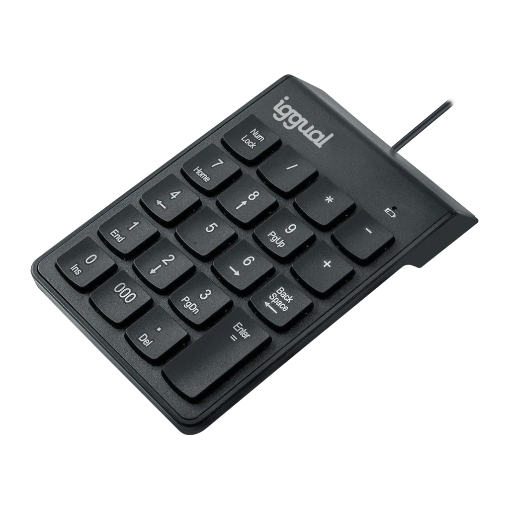 iggual Teclado numérico CK-NUM-19T USB negro, vista frontal: teclas blancas con Num Lock, 000 y cable USB visible arriba - Ítem1