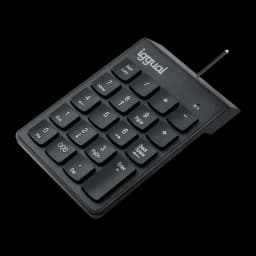 iggual Teclado numérico CK-NUM-19T USB negro, vista en perspectiva desde arriba-izquierda: perfil lateral y teclas en ángulo