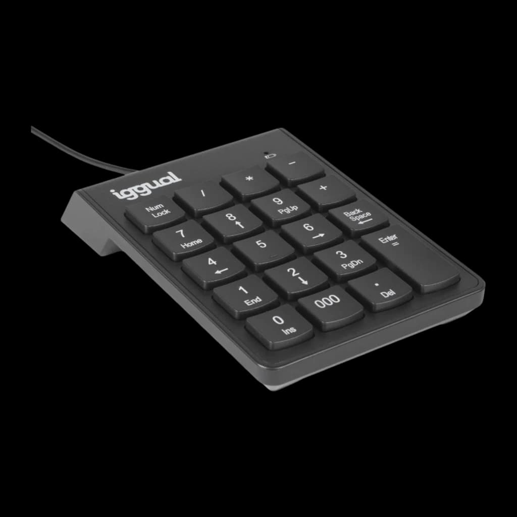 iggual Teclado numérico CK-NUM-19T USB negro, vista en perspectiva desde arriba-derecha: base inclinada y lateral derecho