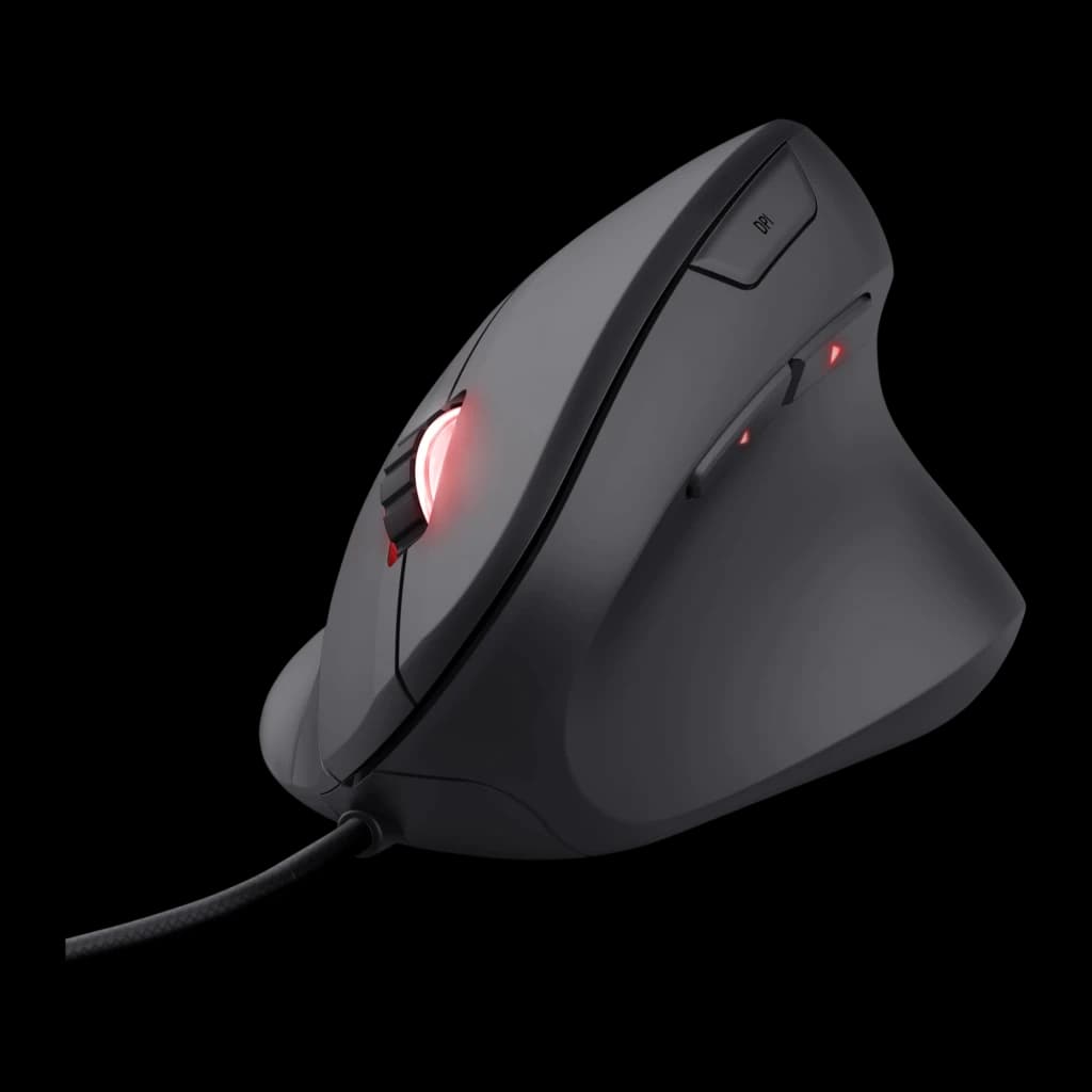 Trust Souris Gaming GXT 144 Rexx noir, vue latérale droite: design vertical ergonomique, molette avec lumière rouge et câble