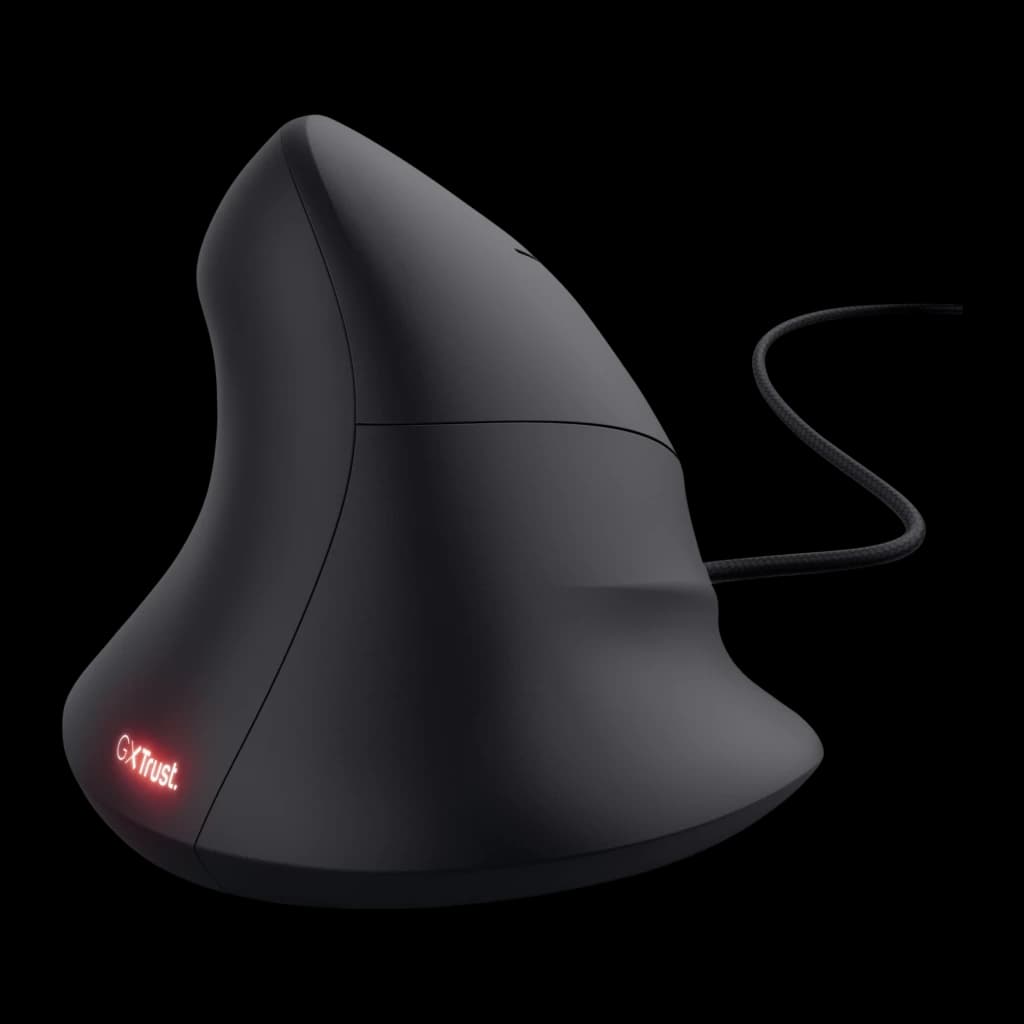 Trust Souris Gaming GXT 144 Rexx noir, vue latérale gauche: logo GXTrust éclairé en rouge sur la base et câble tressé