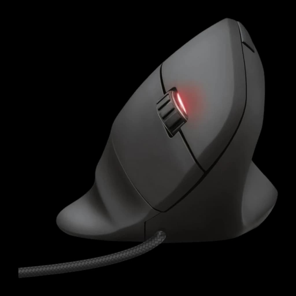 Trust Souris Gaming GXT 144 Rexx noir, vue frontale basse: molette avec éclairage rouge prononcé et câble tressé au premier